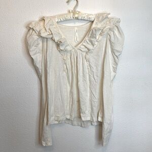 By Anthropologie Ruffled Cottage Core Cream Long Sleeve Blouse Victorian Style L